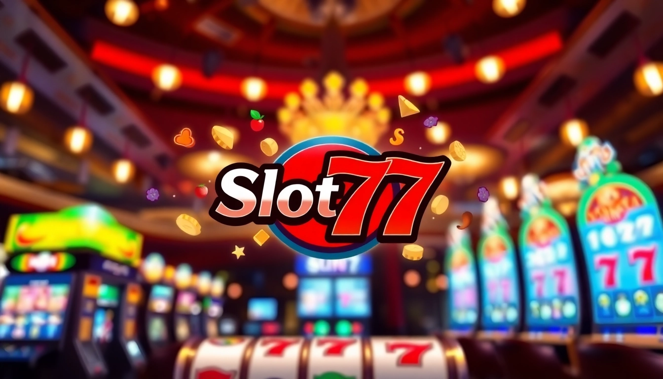 Raih kemenangan dengan Slot77, simbol permainan kasino yang penuh warna dan ceria.
