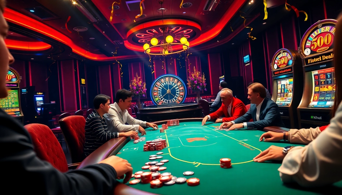 33win players enjoying a luxurious poker game, surrounded by vibrant chips and tables in an upscale casino atmosphere.