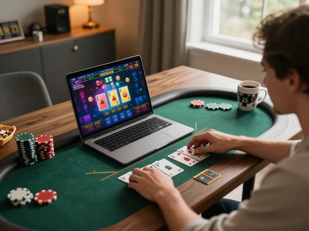 Engaged player at rik vip online casino, focusing on poker game interface at home