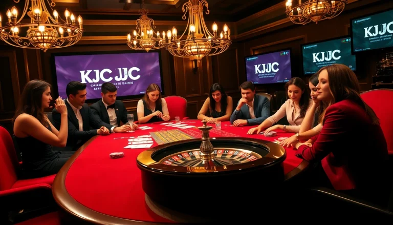 KJC branded casino table scene with poker chips and roulette wheel in a luxurious setting.