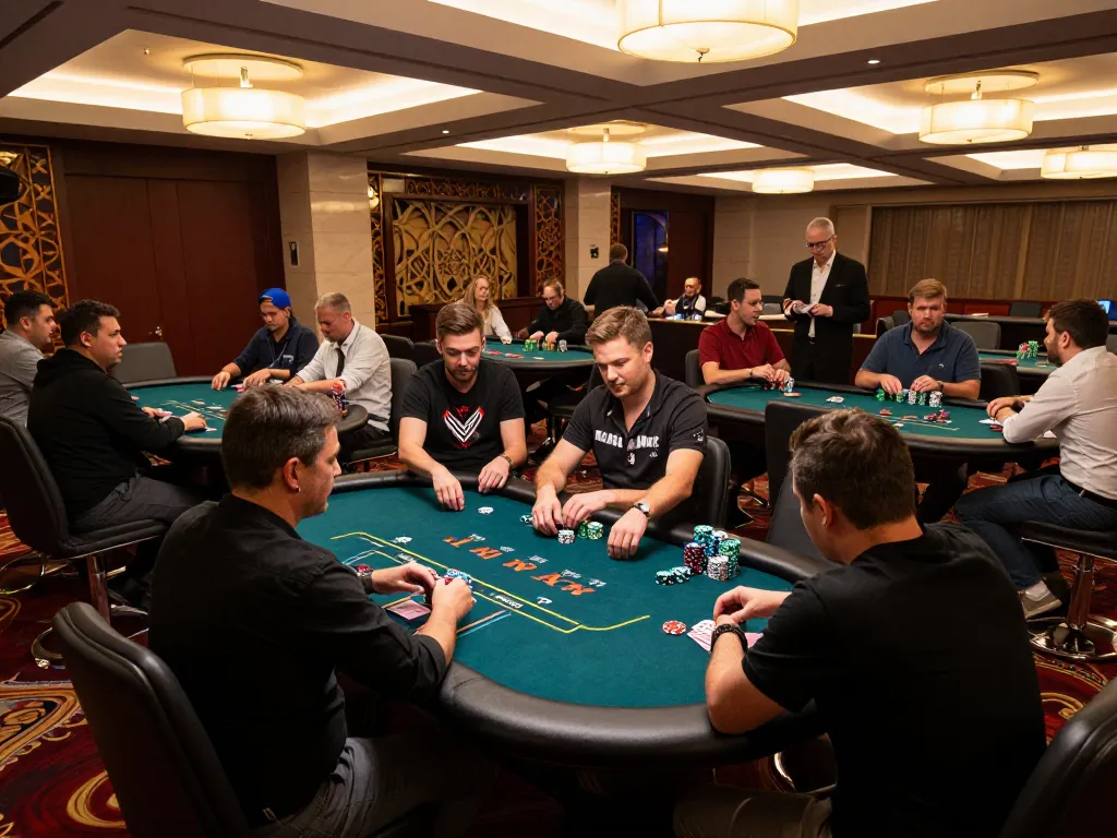 Experience the thrill of nohu poker gameplay with vibrant chips and engaged players in a stylish casino.