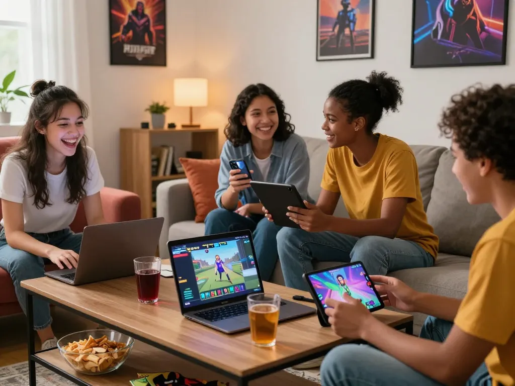 Friends enjoying a porn game online in a cozy living room, highlighting interactive gaming fun.