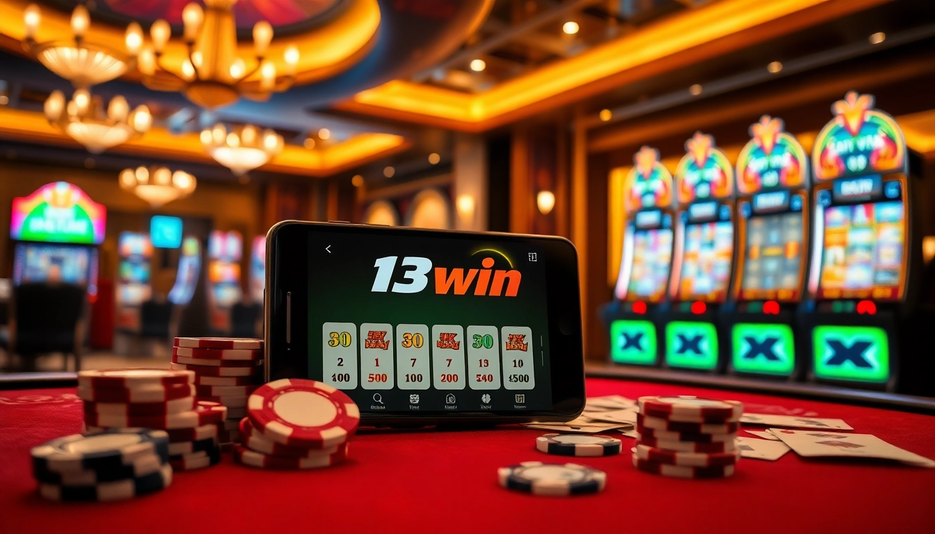 Engage with the 13win app through a vibrant online casino experience featuring poker chips and slot machines.