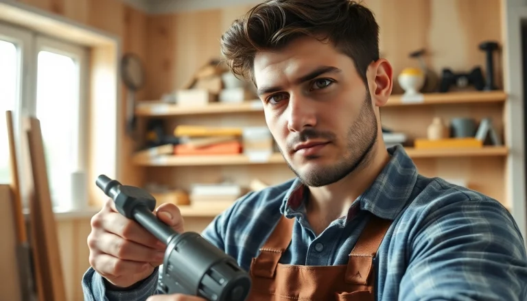 Handyman performing repairs with tools in a well-organized workspace.
