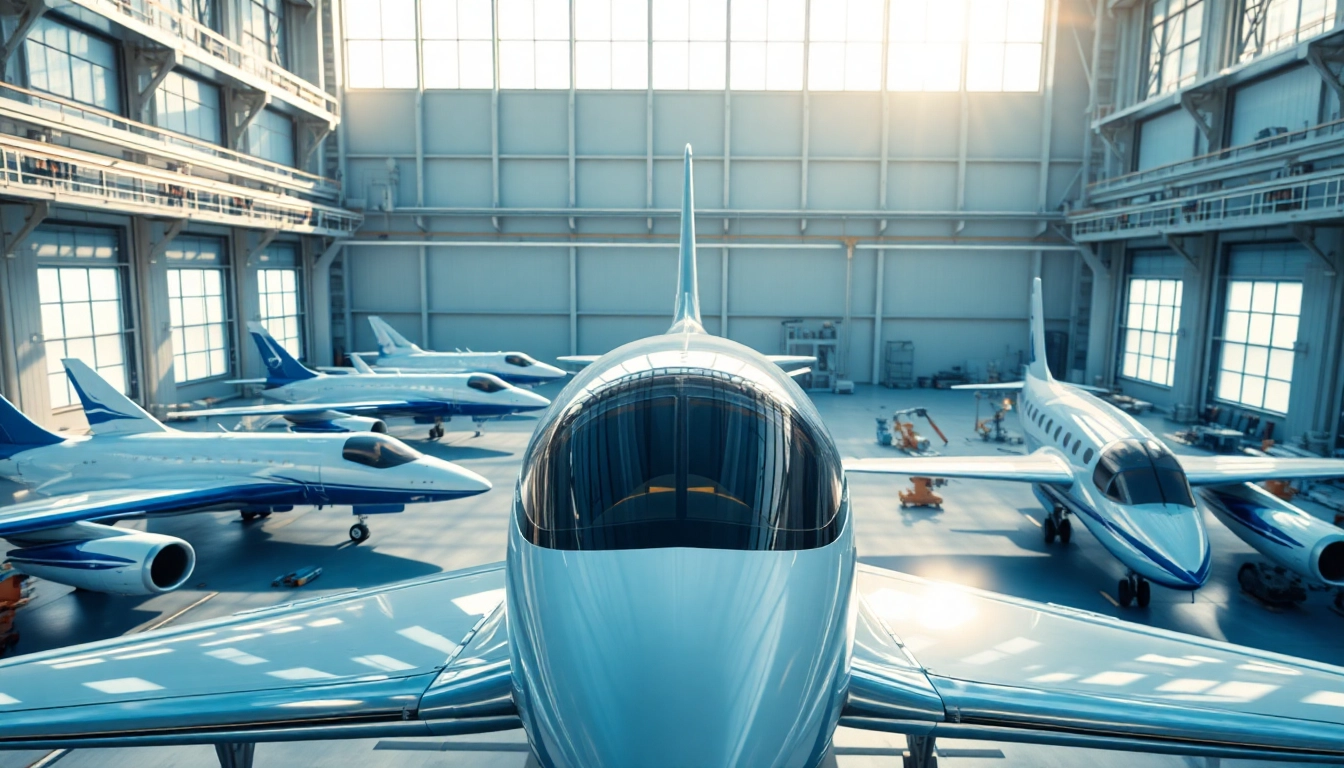 Indaero innovative aerospace manufacturing facility showing advanced aircraft designs and machinery.