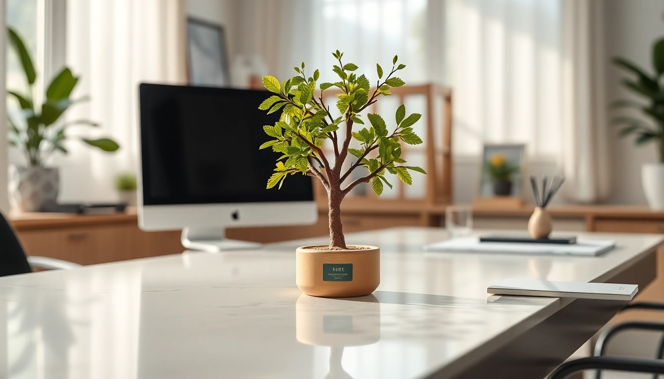 Duftbaum mit Logo auf eleganter Arbeitsfläche präsentiert.