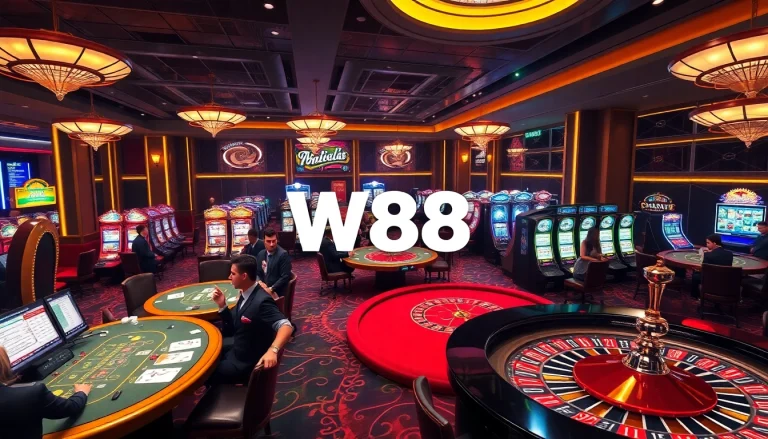 Players enjoying a thrilling gaming experience at W88's luxurious casino, featuring poker and slot machines.