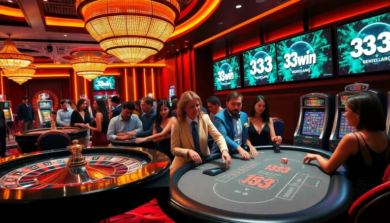 Scene depicting the excitement of casino gaming with 33win branding, featuring roulette, poker, and slot machines.