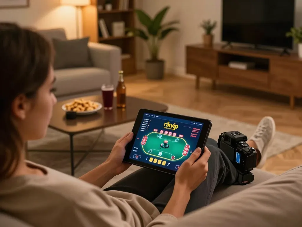 Engaged player using rikvip app on a tablet in a cozy home setting, highlighting online gambling experience.