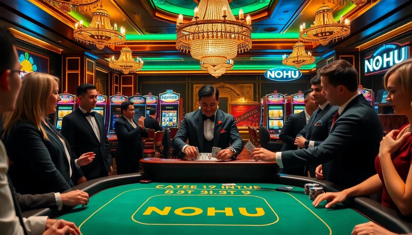 NOHU-themed casino scene showcasing a thrilling blackjack table with excited players and elegant decor.