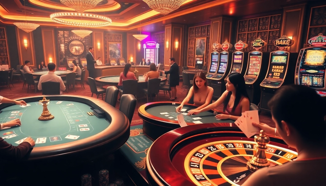 A bustling casino environment featuring games from https://dola88vn.com/, showcasing poker chips, cards, and a roulette wheel.