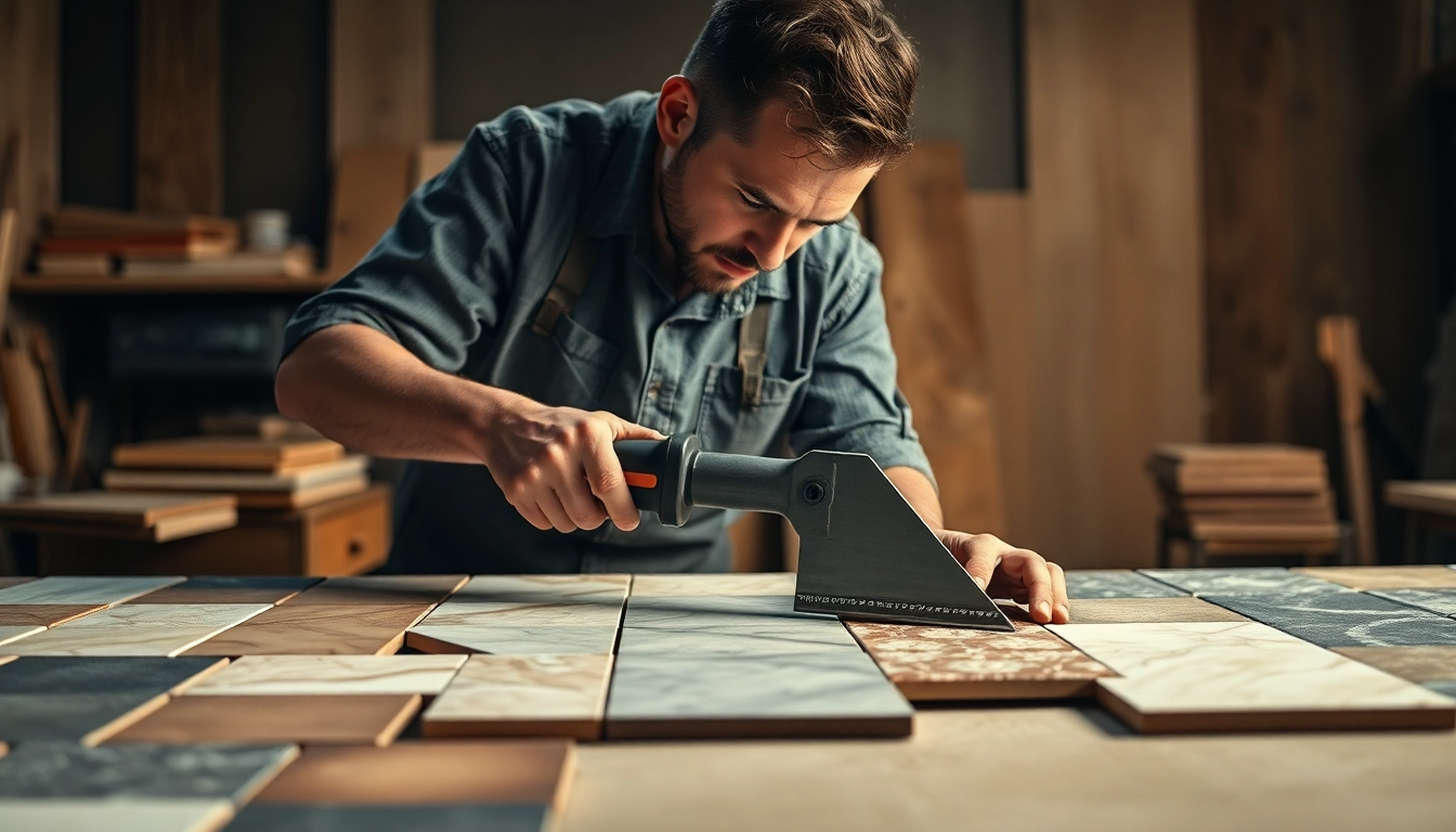 Handwerker benutzt ein Fliesenmesser, um bunte Fliesen in einer Werkstatt zu schneiden.