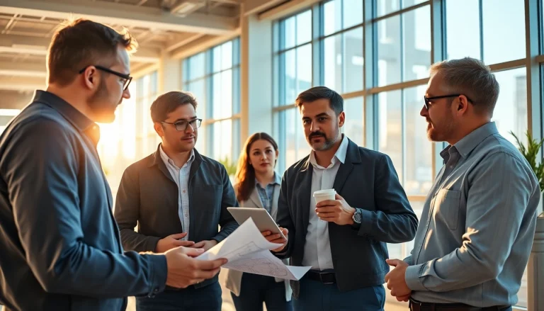 Headhunter Ingenieure beraten Ingenieure in einem modernen Büro mit aktivem Austausch.