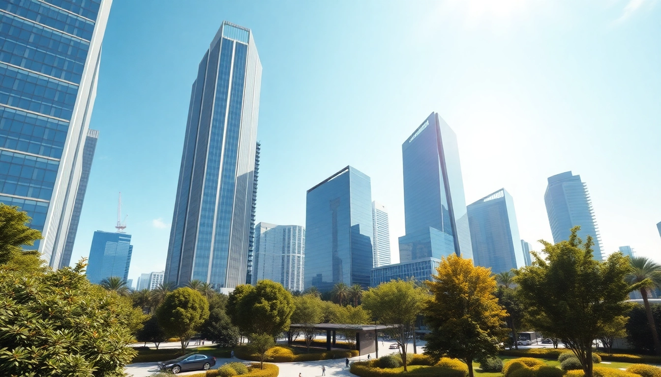 Visualisierung architektur eines modernen urbanen Landschaftsdesigns mit grünen Flächen und Wolkenkratzern.