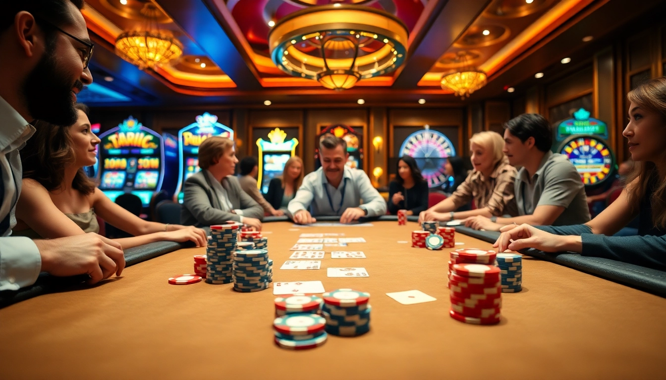Players strategizing at a C168 poker table in a bustling casino atmosphere