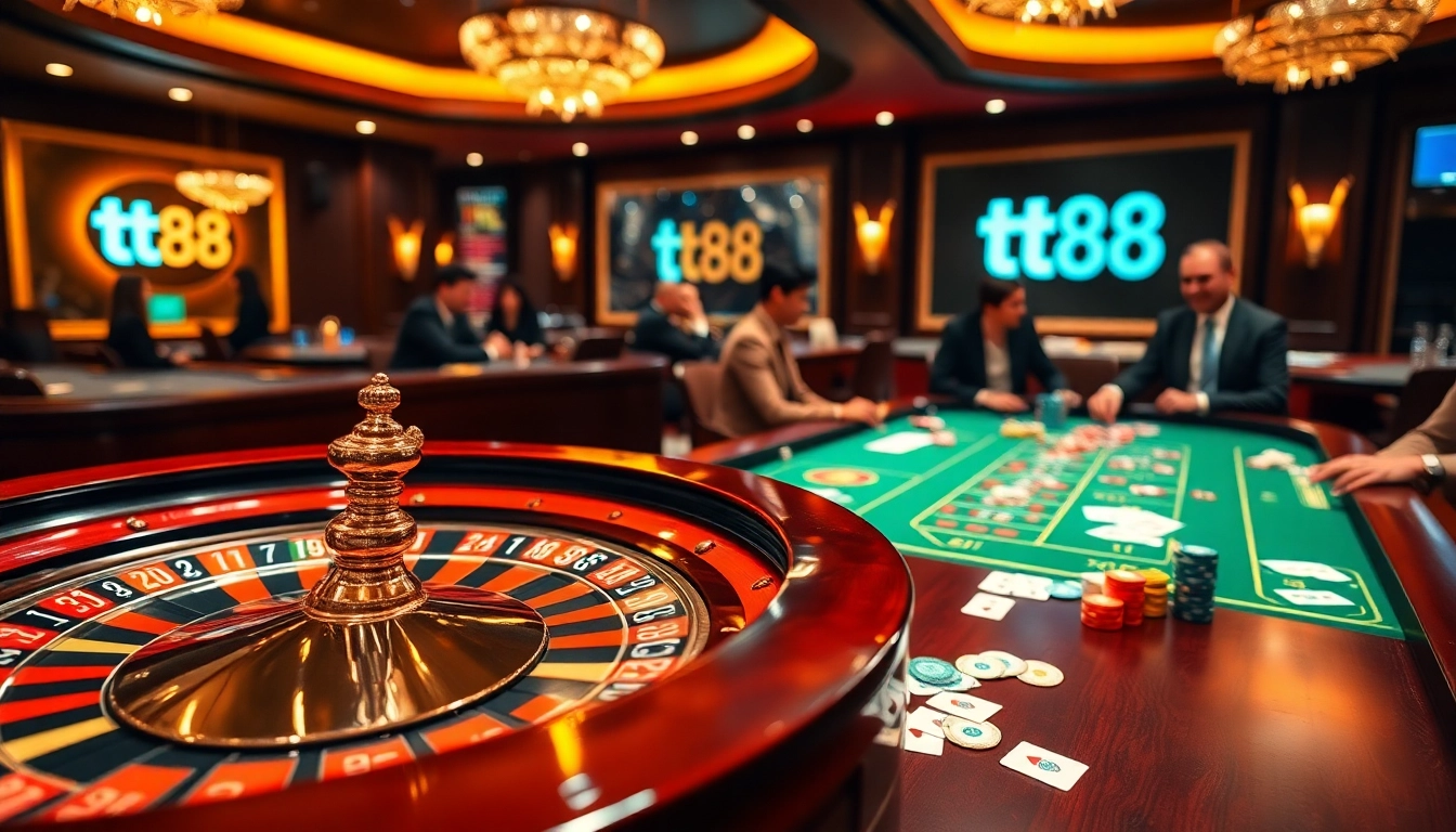 Exciting gambling action at a casino table featuring tt88 logo, colorful chips, and engaged players.