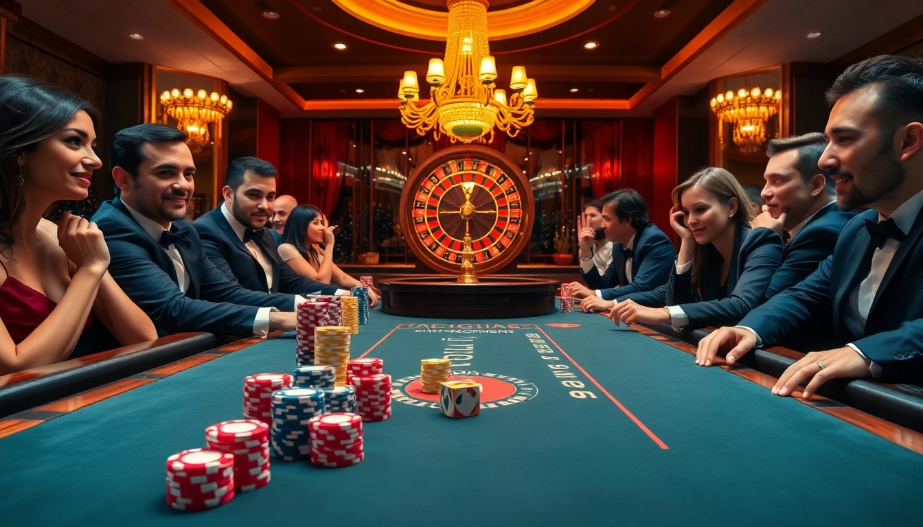 High-stakes poker scene at https://f8bet.dental/ featuring vibrant tables, chips, and excited players.