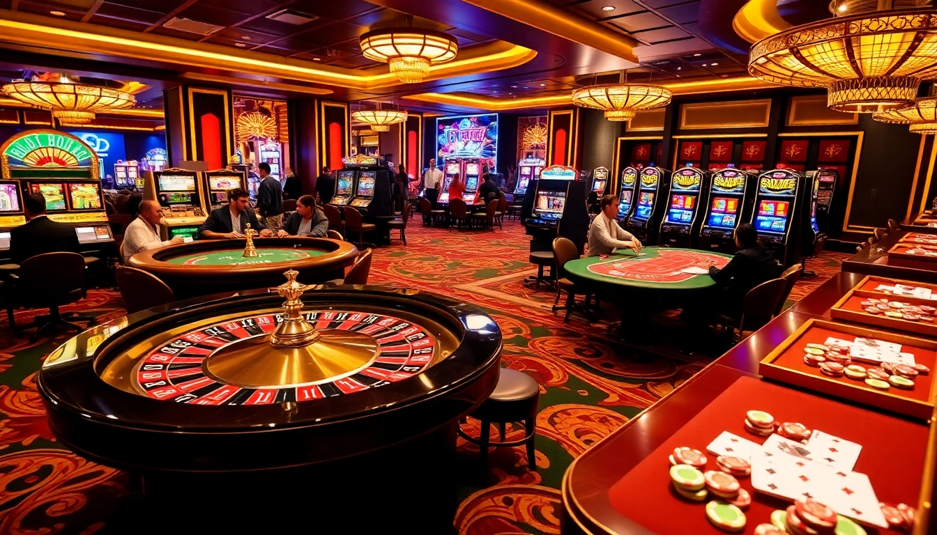 Exciting casino scene showcasing vibrant gambling activities at https://f8bet11.net/ with roulette, blackjack, and slot machines.