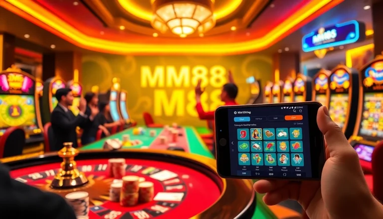 Players enjoying vibrant casino games at MM88, surrounded by colorful chips and flashing slot machines.
