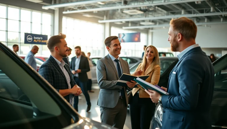 Auto kaufen im modernen Autohaus mit freundlichem Verkaufsberater und glücklichen Kunden.