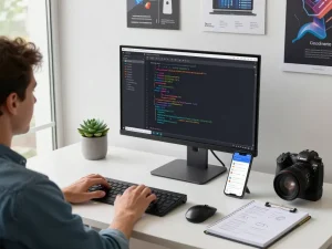 Person using 谷歌浏览器 on a modern tech workspace with coding screens and productivity tools.
