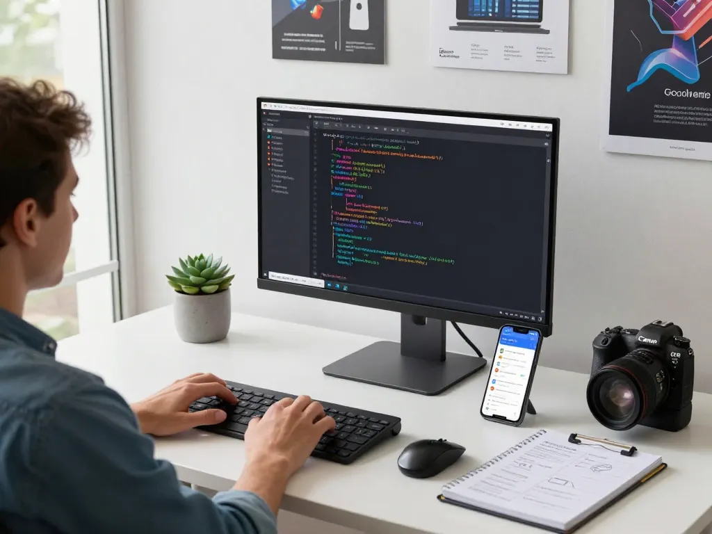 Person using 谷歌浏览器 on a modern tech workspace with coding screens and productivity tools.