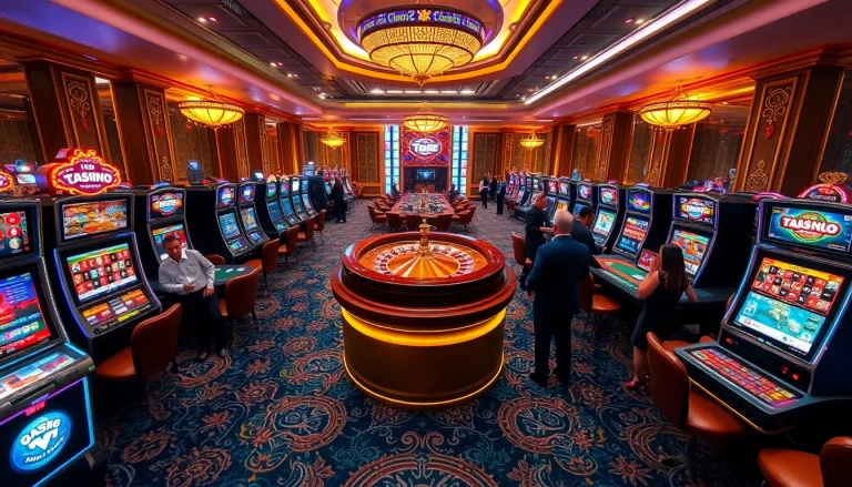 Exciting scene at TG88 casino with players enjoying vibrant game tables and slot machines.