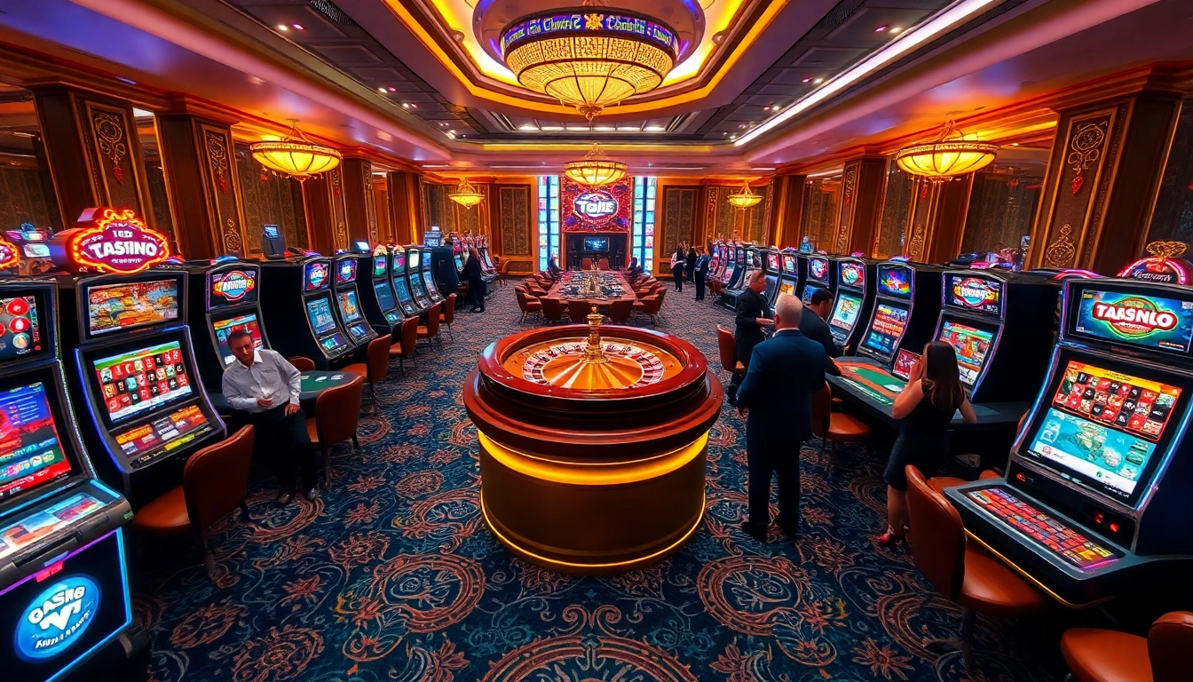 Exciting scene at TG88 casino with players enjoying vibrant game tables and slot machines.