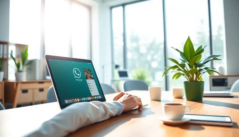 一位专业人士在现代办公室的笔记本电脑上展示 WhatsApp 在线登录