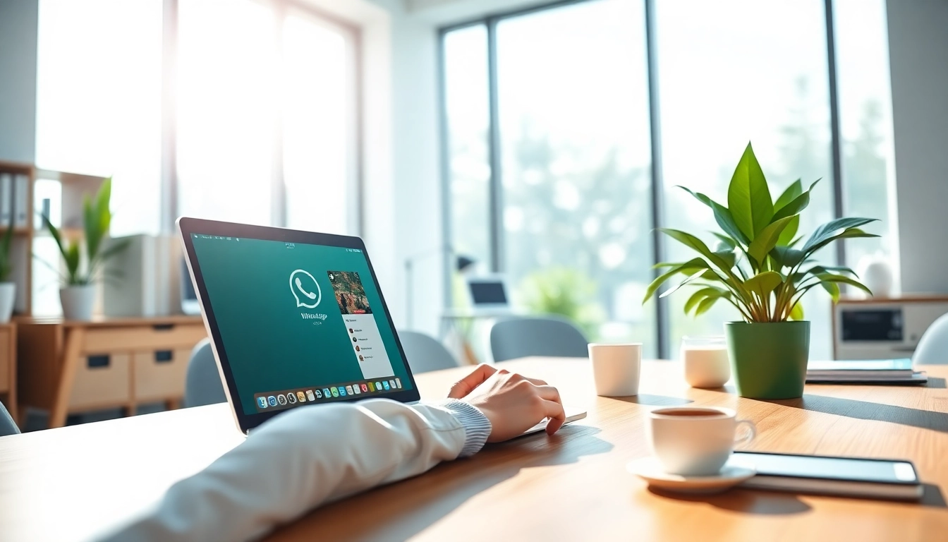 一位专业人士在现代办公室的笔记本电脑上展示 WhatsApp 在线登录