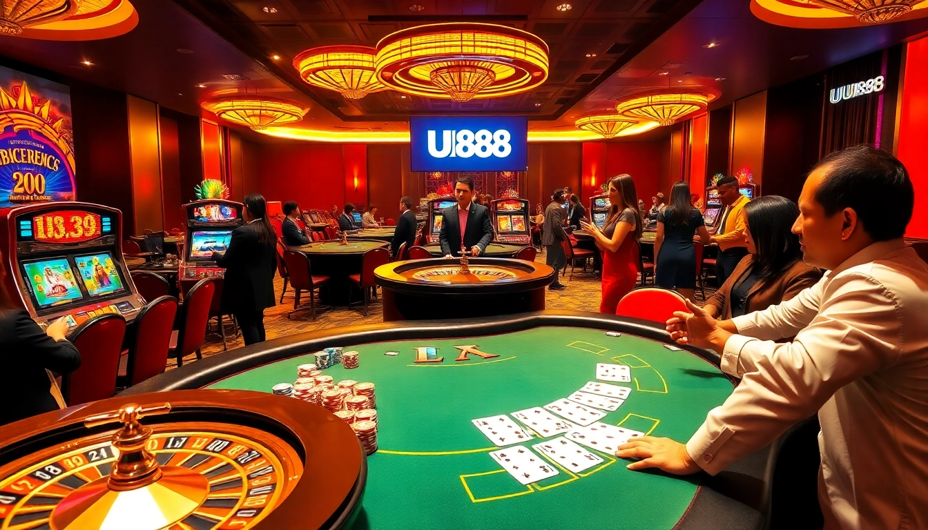 Players enjoying a thrilling poker game at UU88 Casino with vibrant chips and cards.