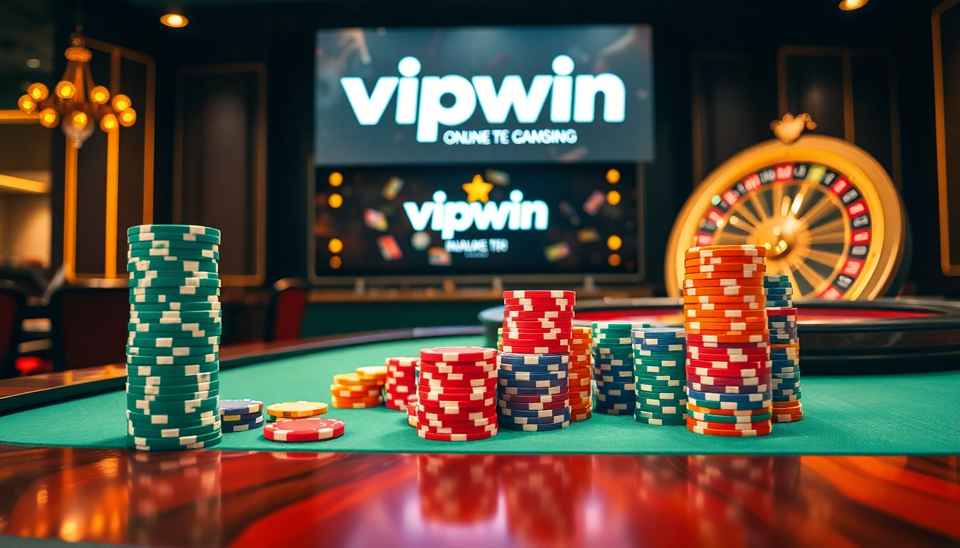 Experience the thrill of winning at vipwin with vibrant poker chips and a spinning roulette wheel.