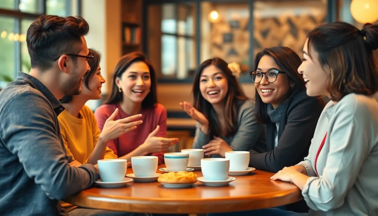 Unterhaltungen über Gesprächsthemen mit Freunden in einem gemütlichen Café mit warmem Licht.