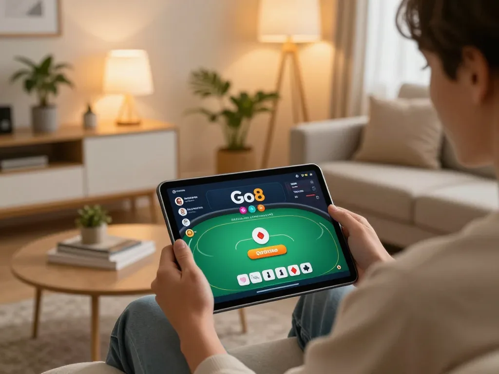Engaging with Go8 vin poker app on a tablet in a cozy home setting, showcasing an inviting gaming experience.