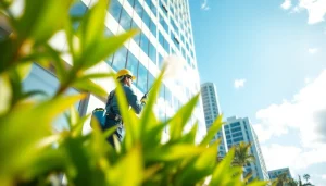 Effektive Fassadenreinigung in urbaner Umgebung mit professionellem Reinigungspersonal.