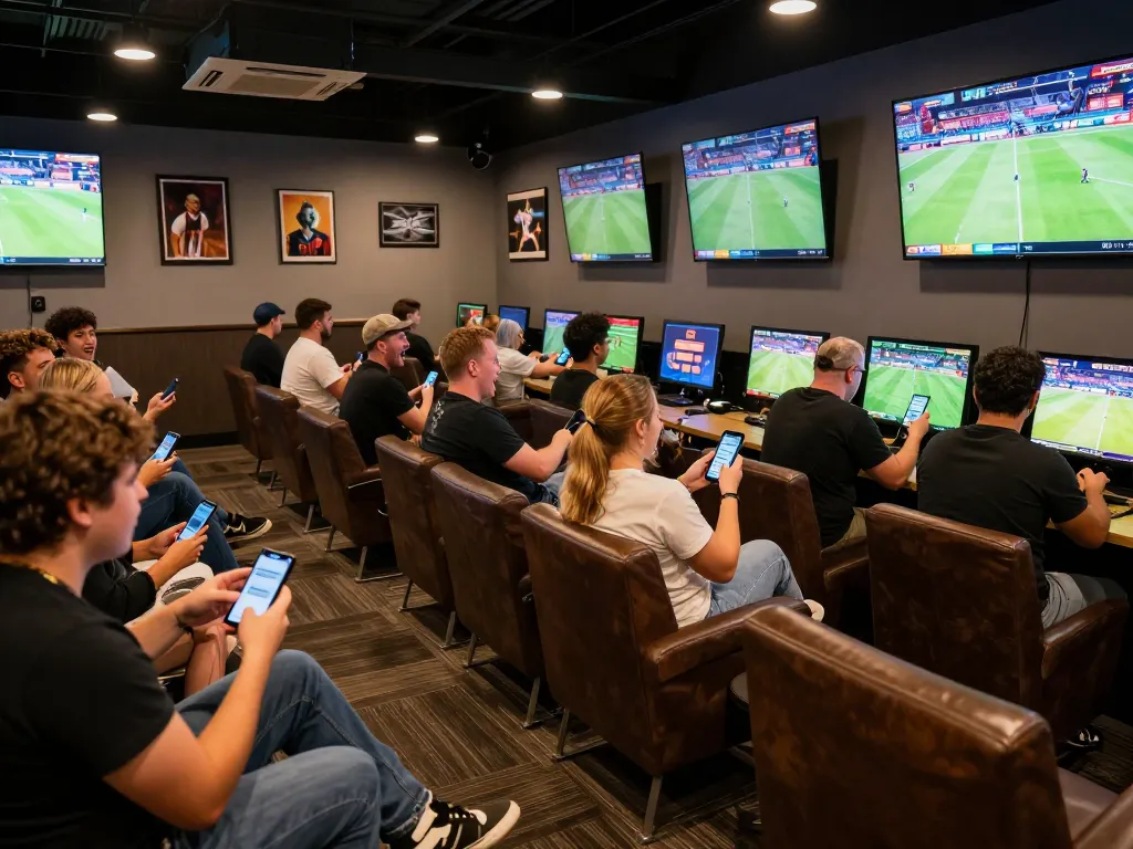 Engaged bettors placing wagers at Bsport's vibrant sports lounge during a live event