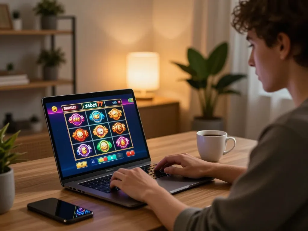 Playing ssbet77 online casino games on a cozy desk setup with laptop and warm lighting.