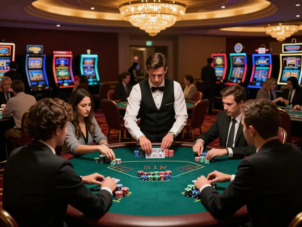 Intense blackjack game in upscale casino featuring players and dealer at the green felt table, highlighting strategy and excitement with 5679 in focus.