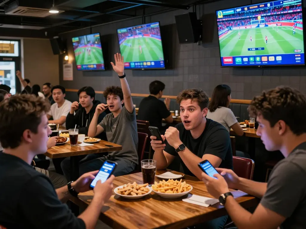 Patrons using betting apps at Nhà cái V9BET sports bar, showcasing excitement and fun.