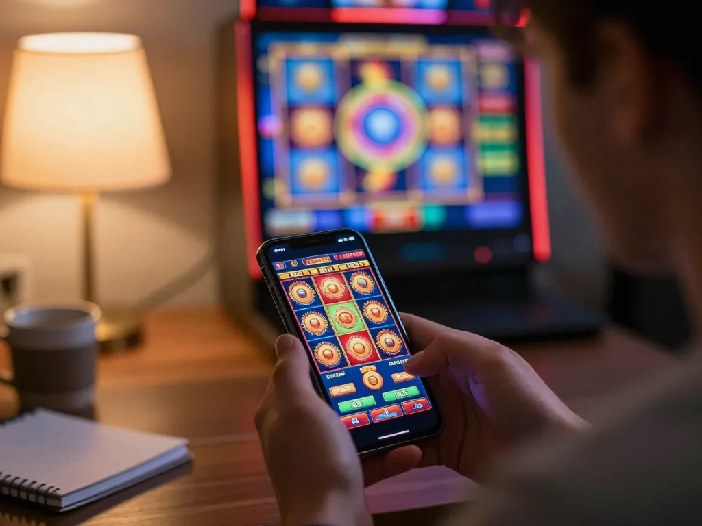Player engaging in online casino gameplay on mobile app F168, showcasing vibrant slot graphics and cozy gaming environment.