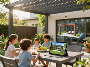 Familienzusammenkunft im Freien unter einem Pergola Konfigurator 3D, der eine maßgeschneiderte Pergola mit lebhaften Pflanzen zeigt.
