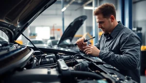 Motorschaden Ankauf Prozess mit Experten und beschädigtem Fahrzeug in einer gut beleuchteten Werkstatt.