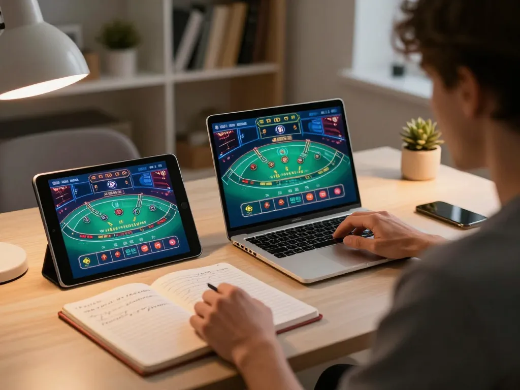 Engaging in strategic gameplay at FLY88 with a laptop and live dealer blackjack game.