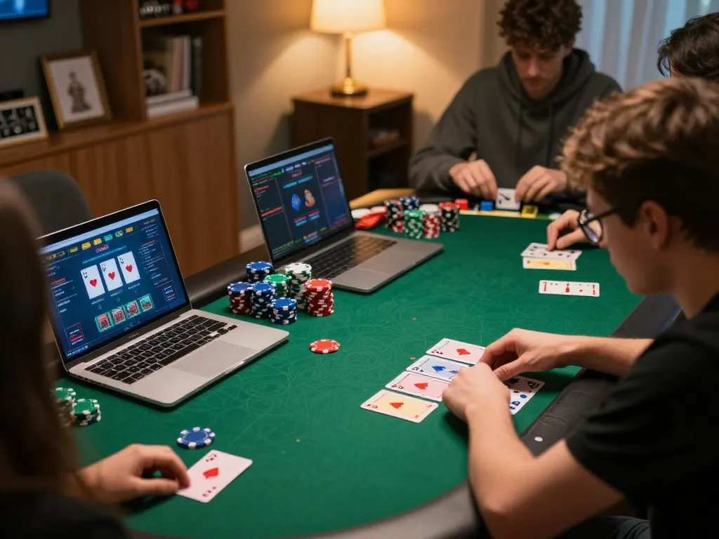 Players strategizing in an online poker game on 79King with colorful chips and cards on display.