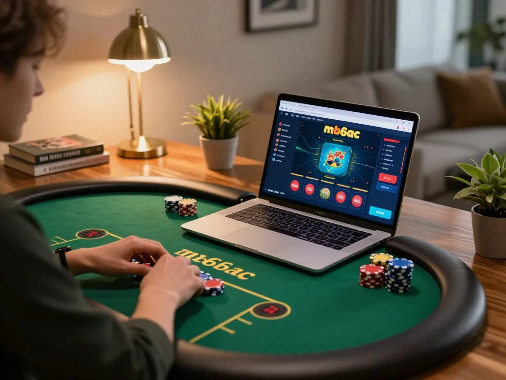 A player engaging in an excited online poker game on mb66ac at home, showcasing a cozy gaming setup.