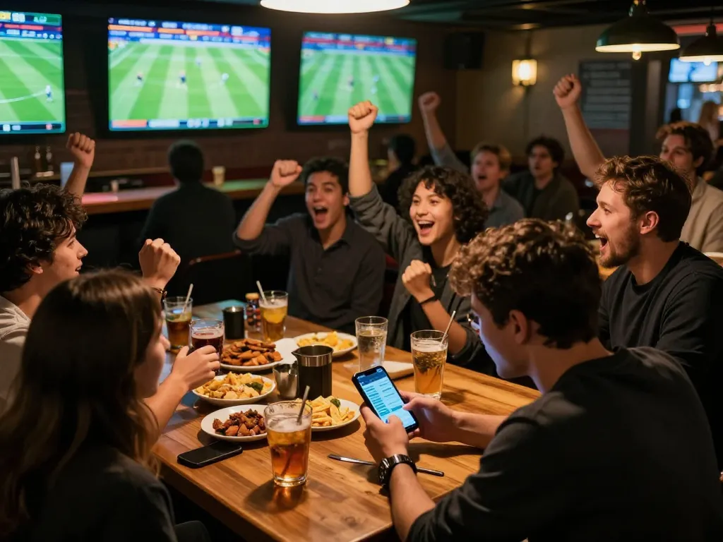 Cakhia users enjoying live football betting action with smartphones and multiple screens in a lively sports bar.