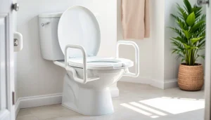 Aufstehhilfe für Toilette zeigt ergonomisches Design in einem hellen Badezimmer.