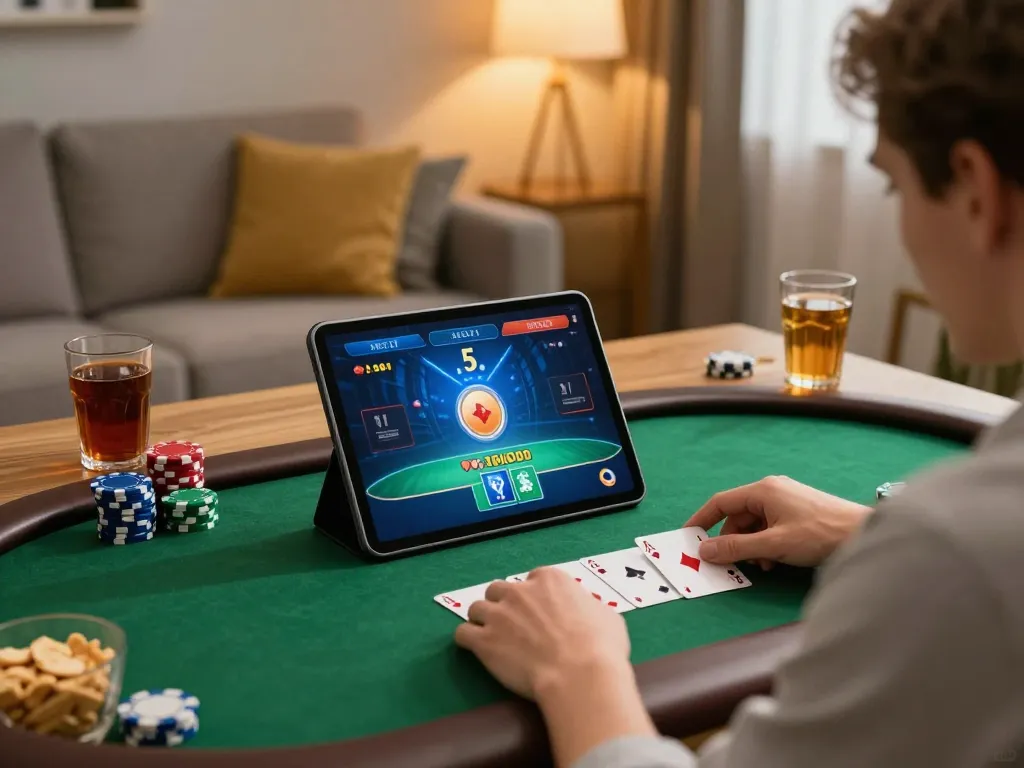 Player enjoying an online poker game with 33winn on a tablet in a cozy home atmosphere