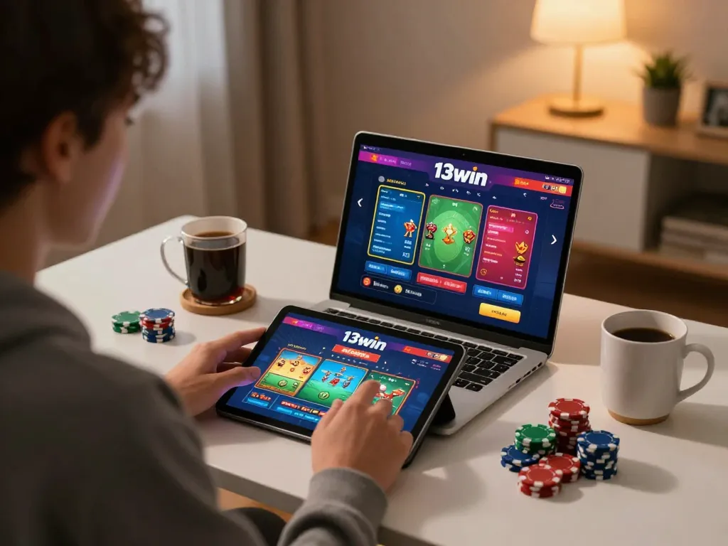 Engaging user immersed in playing casino game on 13win tablet at home desk.