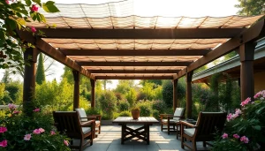 Entdecken Sie die atemberaubende Terrassenueberdachung Ungarn in einem blühenden Garten.